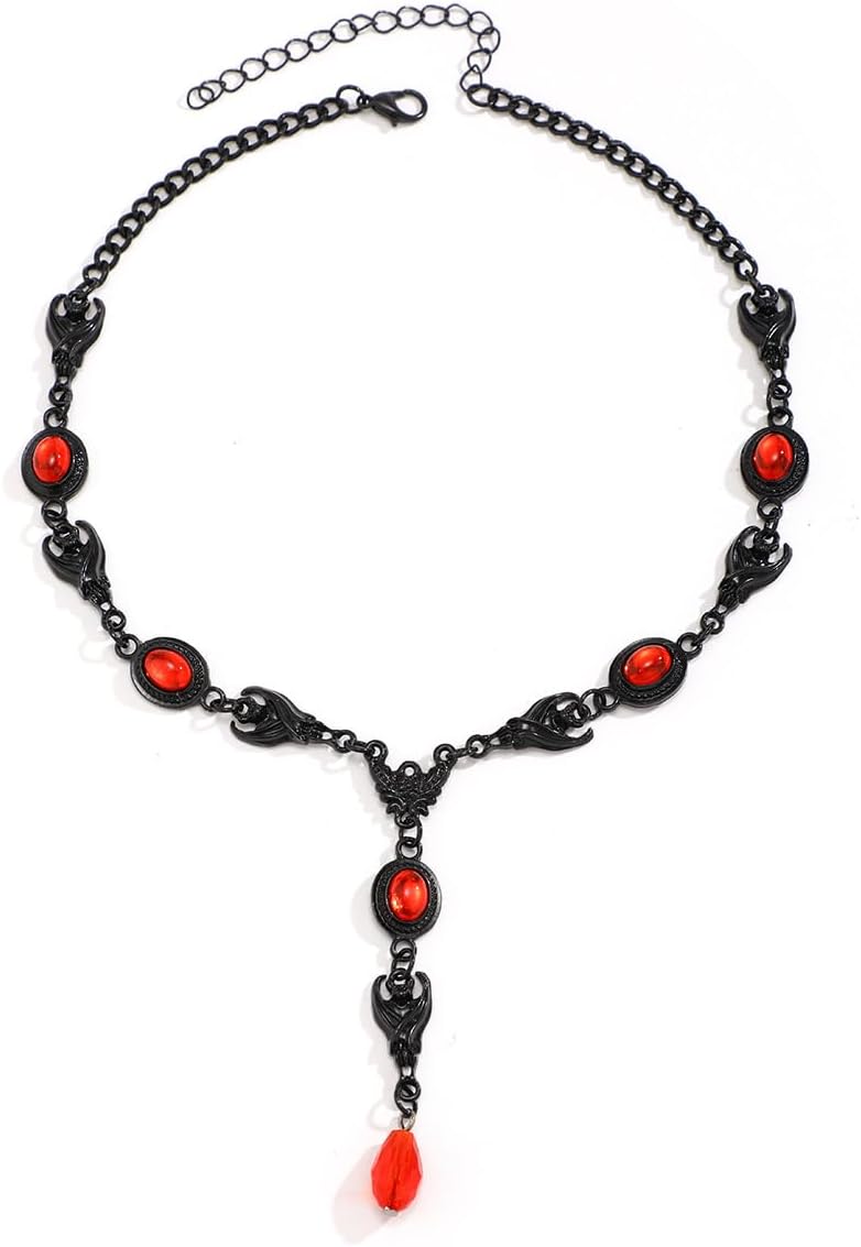 Cicod Gothic Y Necklace,Goth Black Red Crystal Bead Teardrop Necklace,Punk Y Necklace,Halloween Christmas New Year Jewelry Vampire Accessories for Women - Image 1